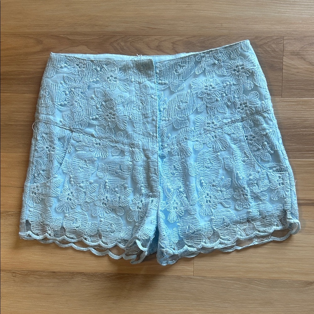 High-Waist Floral Lace Shorts in Light Blue